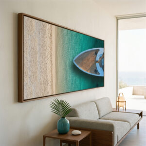 Quadro panorâmico de praia com barco em vista aérea sobre mar turquesa, ideal para decoração de sala moderna