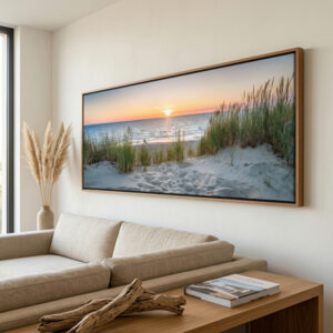 Quadro panorâmico de pôr do sol na praia com dunas e mar, ideal para decoração de sala e quarto
