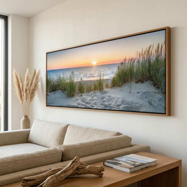 Quadro panorâmico de pôr do sol na praia com dunas e mar, ideal para decoração de sala e quarto
