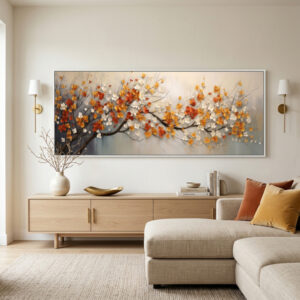 Quadro floral panorâmico tons quentes – Flores artísticas em destaque