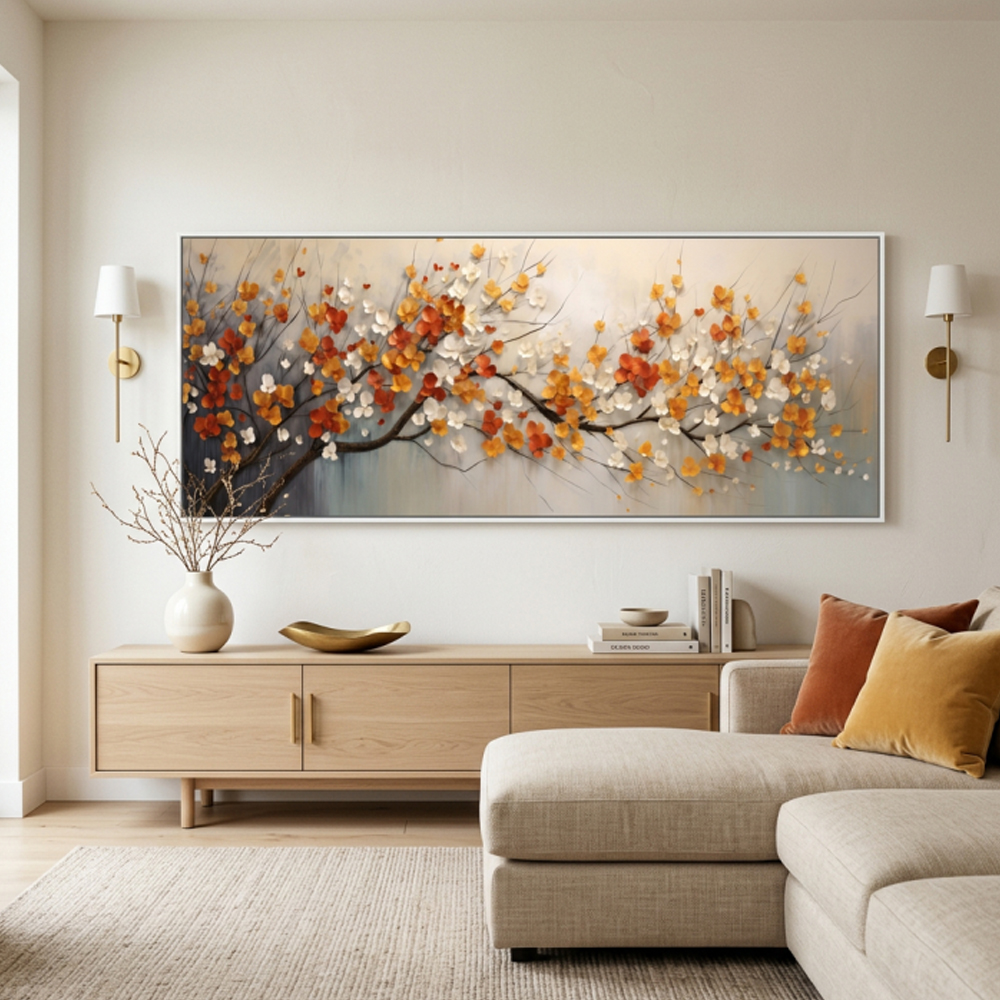 Quadro floral panorâmico tons quentes – Flores artísticas em destaque