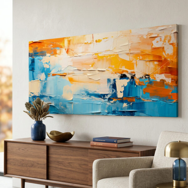 Quadro abstrato moderno com textura em azul e laranja para decoração de sala contemporânea