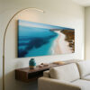 Quadro decorativo de praia minimalista com mar azul-turquesa, areia branca e paisagem oceânica sofisticada em canvas premium