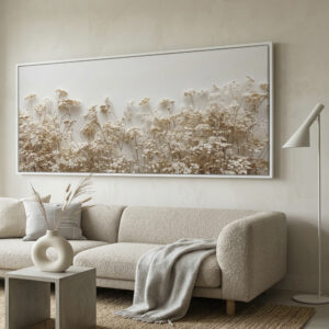 Quadro decorativo floral minimalista com flores bege delicadas em tons neutros e acabamento sofisticado em canvas premium