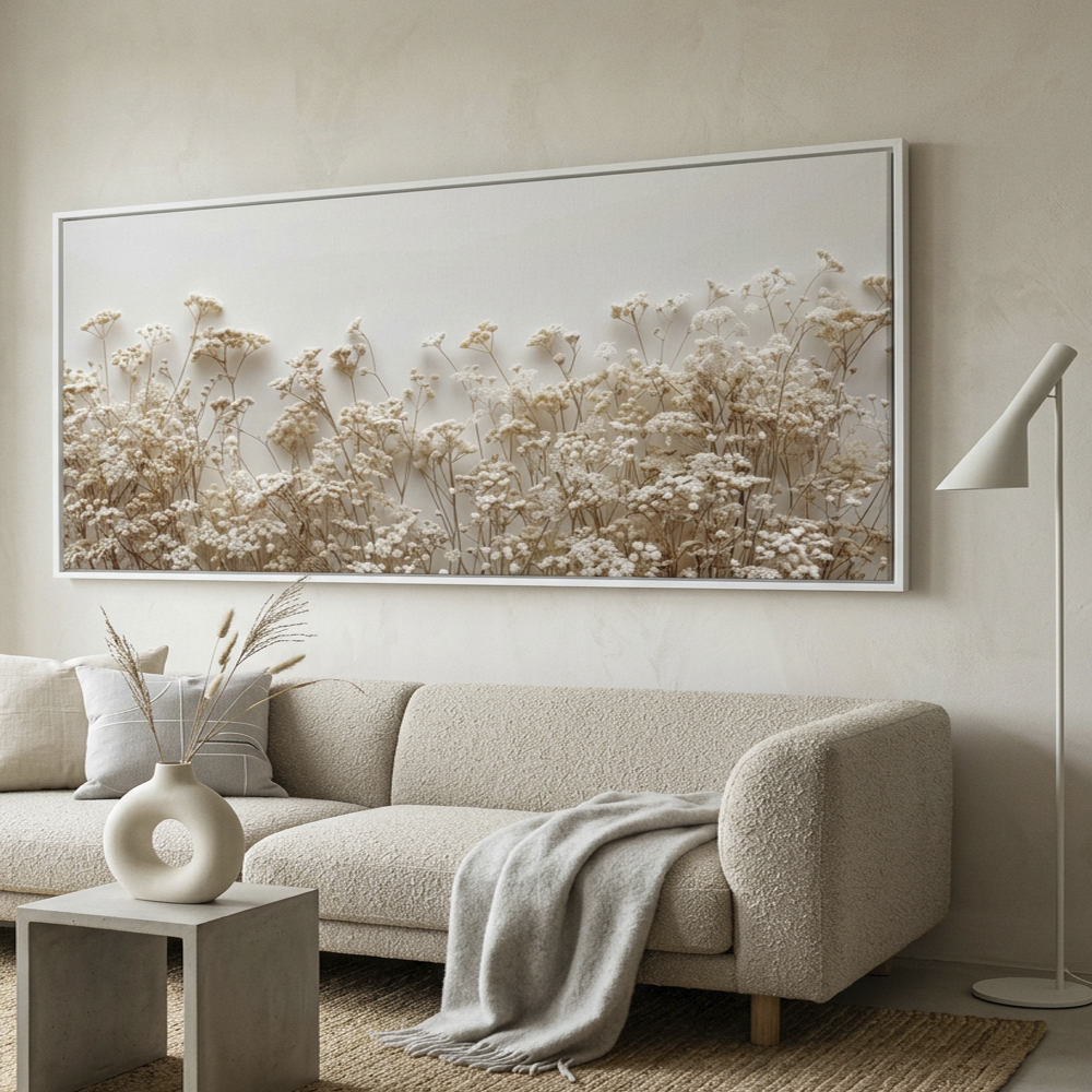 Quadro decorativo floral minimalista com flores bege delicadas em tons neutros e acabamento sofisticado em canvas premium