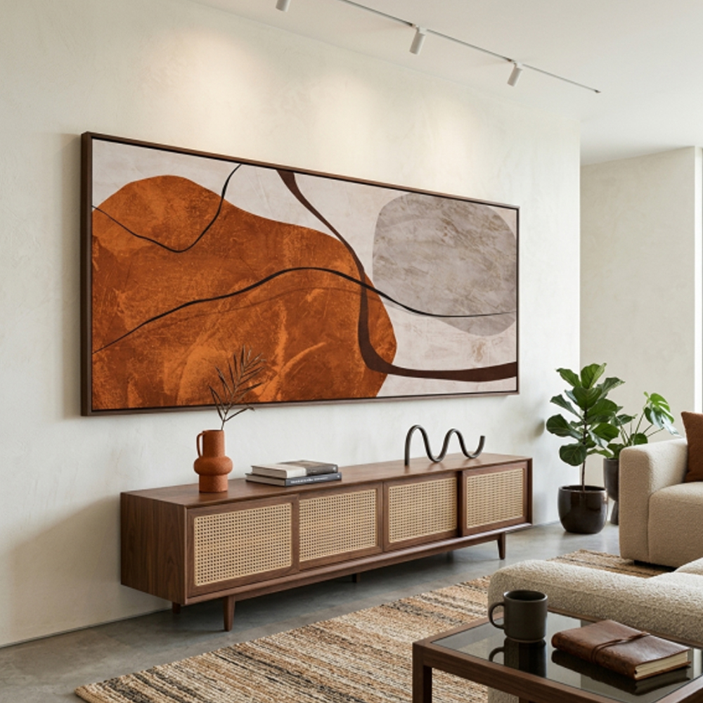 Quadro abstrato terracota minimalista com formas orgânicas e tons terrosos em canvas decorativo premium para sala moderna