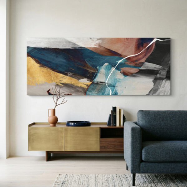 Quadro abstrato azul e dourado contemporâneo em canvas premium com design moderno e sofisticado para sala elegante