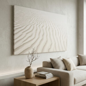 Quadro dunas minimalista com paisagem de areia branca e tons neutros em canvas decorativo premium para sala elegante