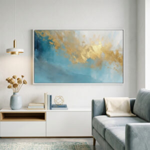 Quadro abstrato azul e dourado premium com arte contemporânea sofisticada em canvas decorativo para sala moderna