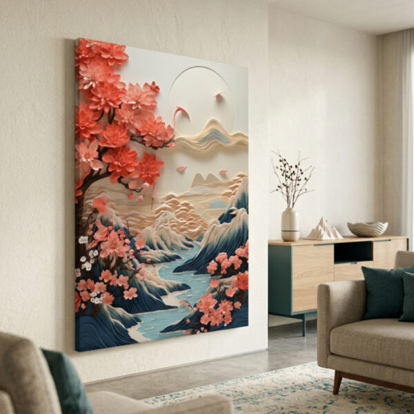 Quadro paisagem oriental com flores de cerejeira decorativo japonês