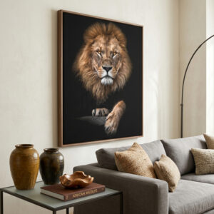 Quadro leao decorativo realista fundo preto para sala moderna
