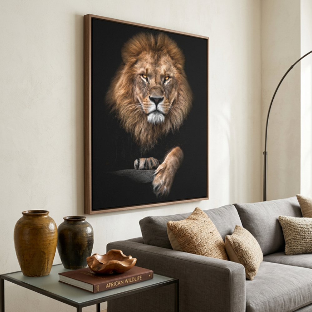 Quadro leao decorativo realista fundo preto para sala moderna