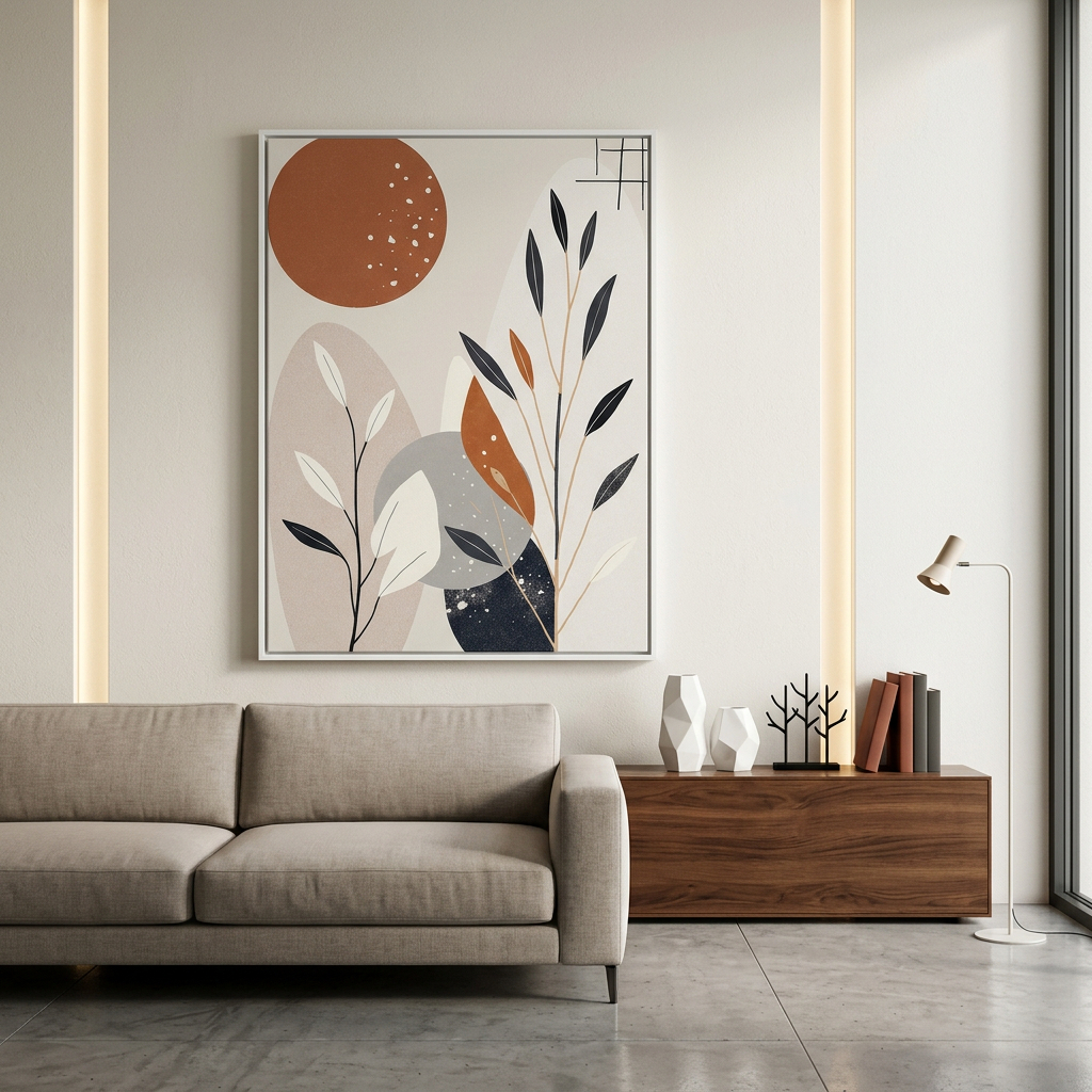 Quadro botânico minimalista – Arte abstrata moderna neutra