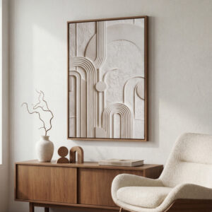 Quadro geométrico minimalista bege com textura em relevo para decoração moderna